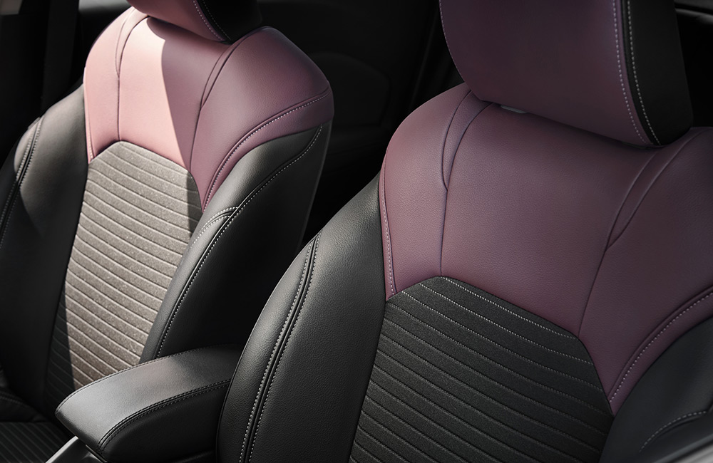 Close up of two-tone leather upholstery