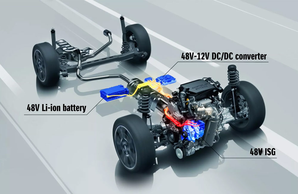 3D render of a labeld hybrid powertrain